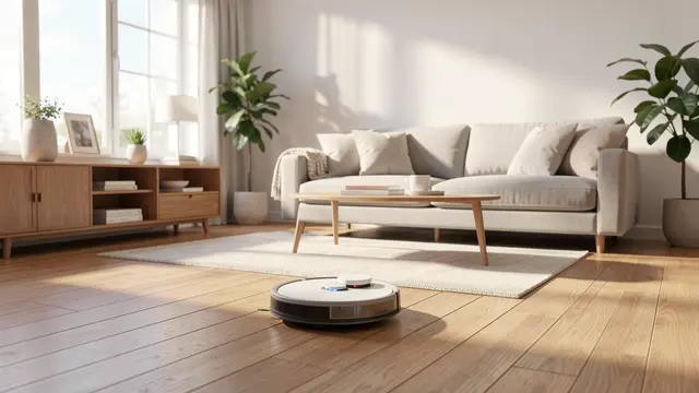 A disc-shaped robot vacuum glides over light wooden flooring in a bright sunlit modern living room