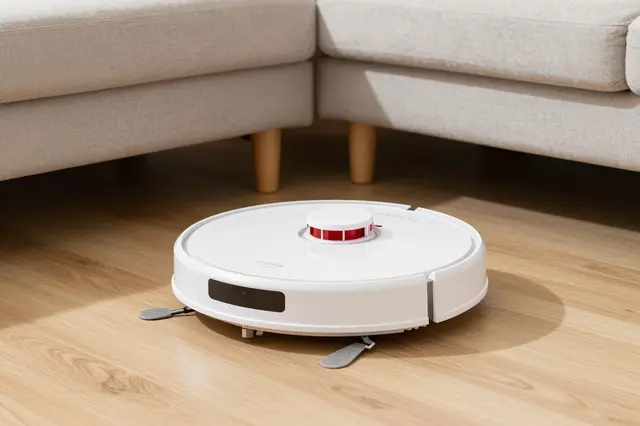 A white disc robot vacuum sits on a light oak floor near a beige corner sofa in soft daylight