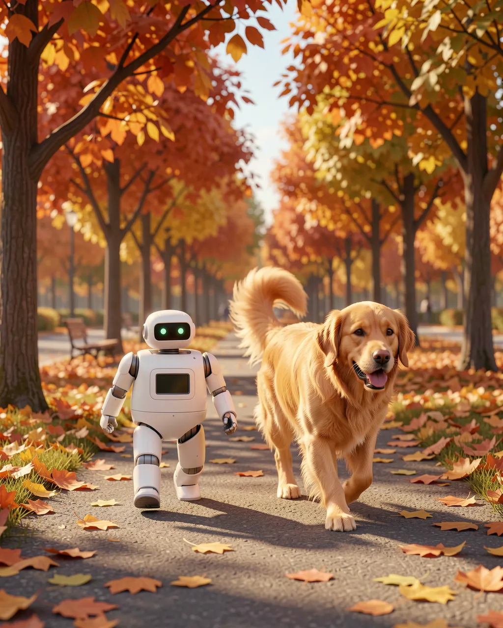 A small white robot walks behind a trotting golden retriever along an autumn park path