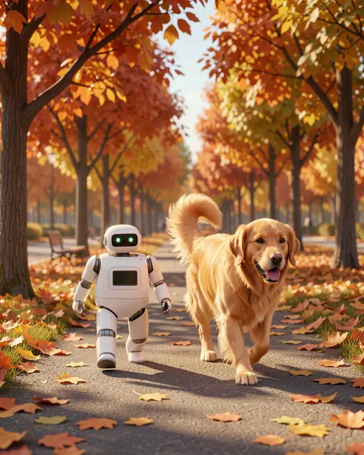 A small white robot walks behind a trotting golden retriever along an autumn park path