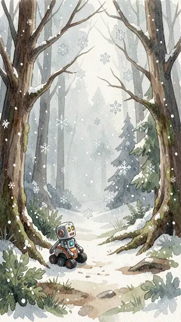 A small wheeled robot looks up at falling snowflakes in a snowy misty forest clearing