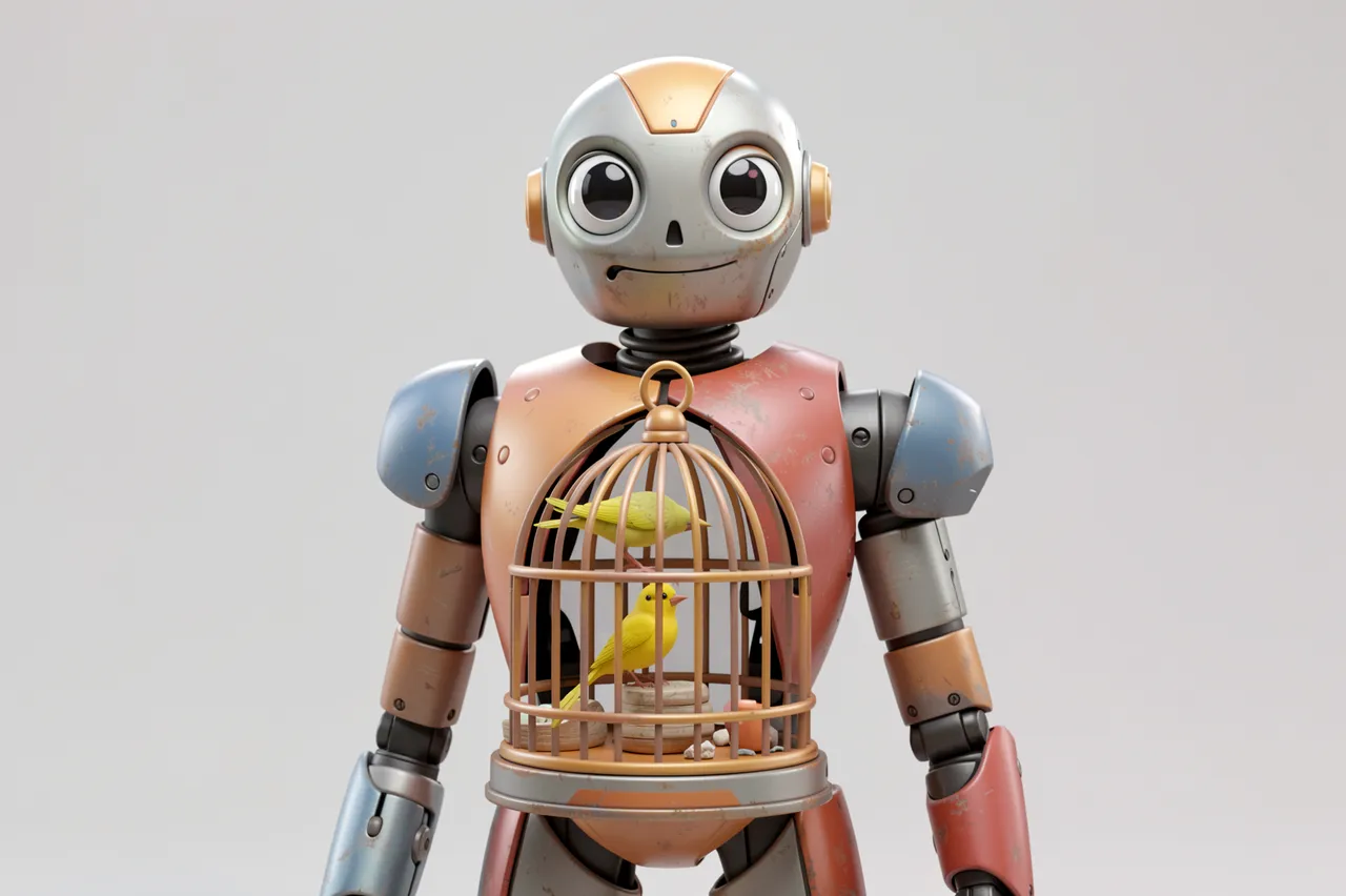 Whimsical weathered robot has a built-in birdcage chest holding two small yellow songbirds