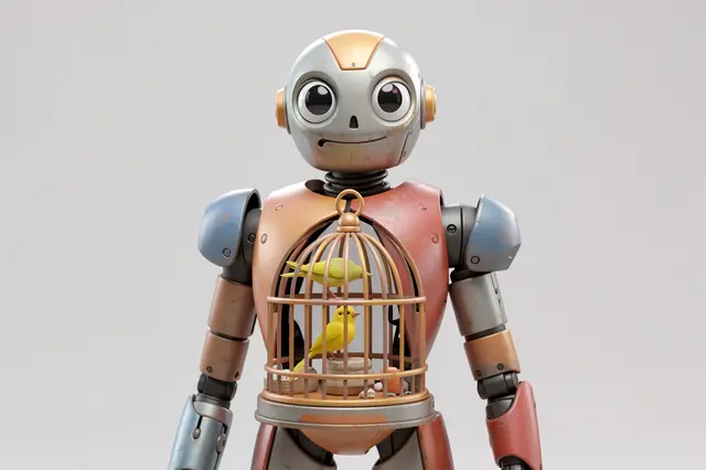 Whimsical weathered robot has a built-in birdcage chest holding two small yellow songbirds