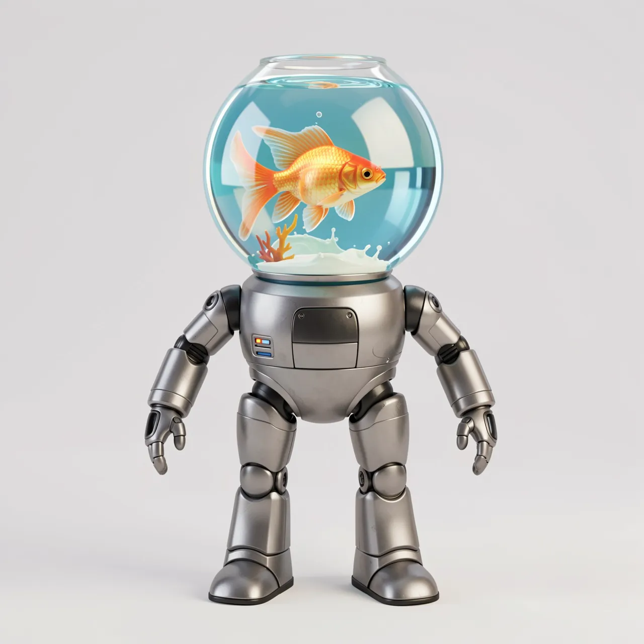 Playful silver robot with a glass fishbowl head holding a swimming goldfish against a plain light gray background