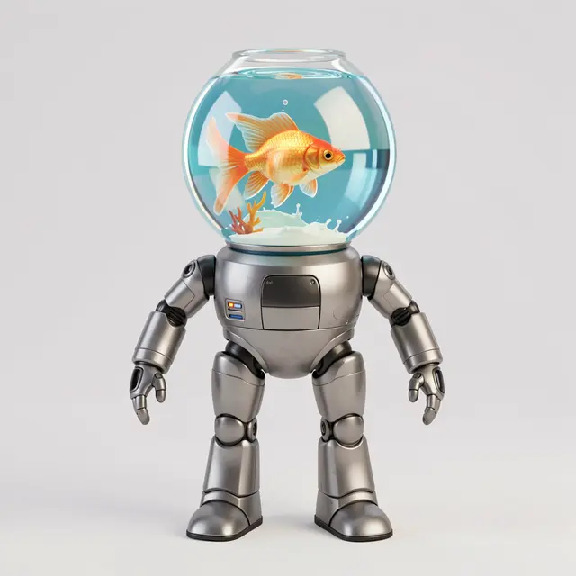 Playful silver robot with a glass fishbowl head holding a swimming goldfish against a plain light gray background