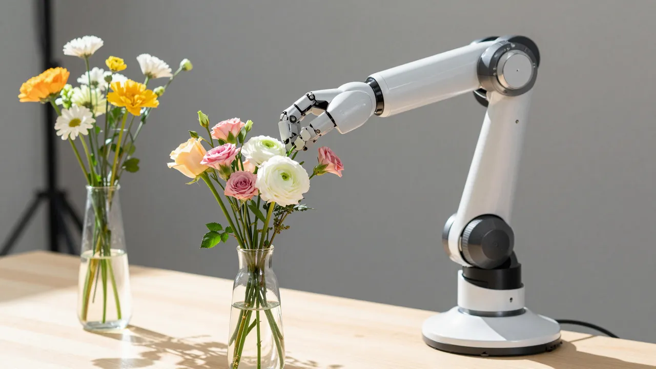 White robotic arm adjusts cut flowers in a glass vase on a sunlit wooden table alongside a second flower arrangement.