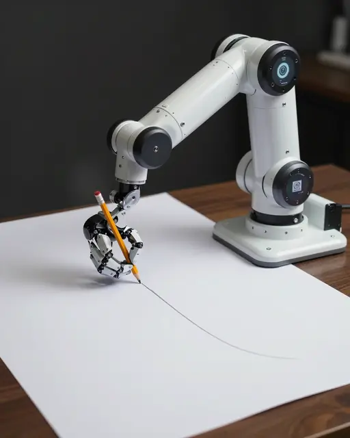 White robotic arm holding a pencil draws a curved line on blank white paper on a wooden desk