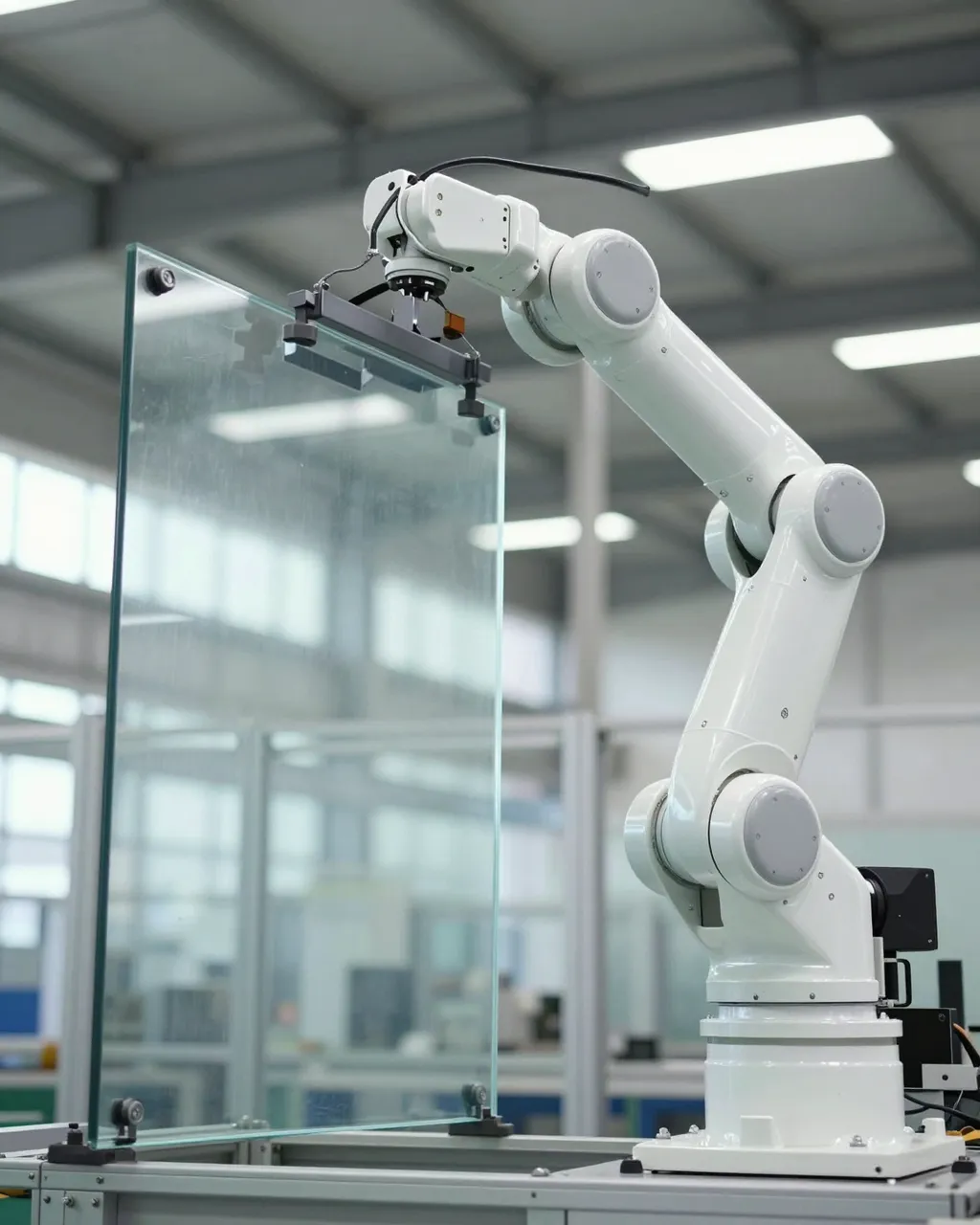 White industrial robotic arm positioning a large glass panel inside a bright factory