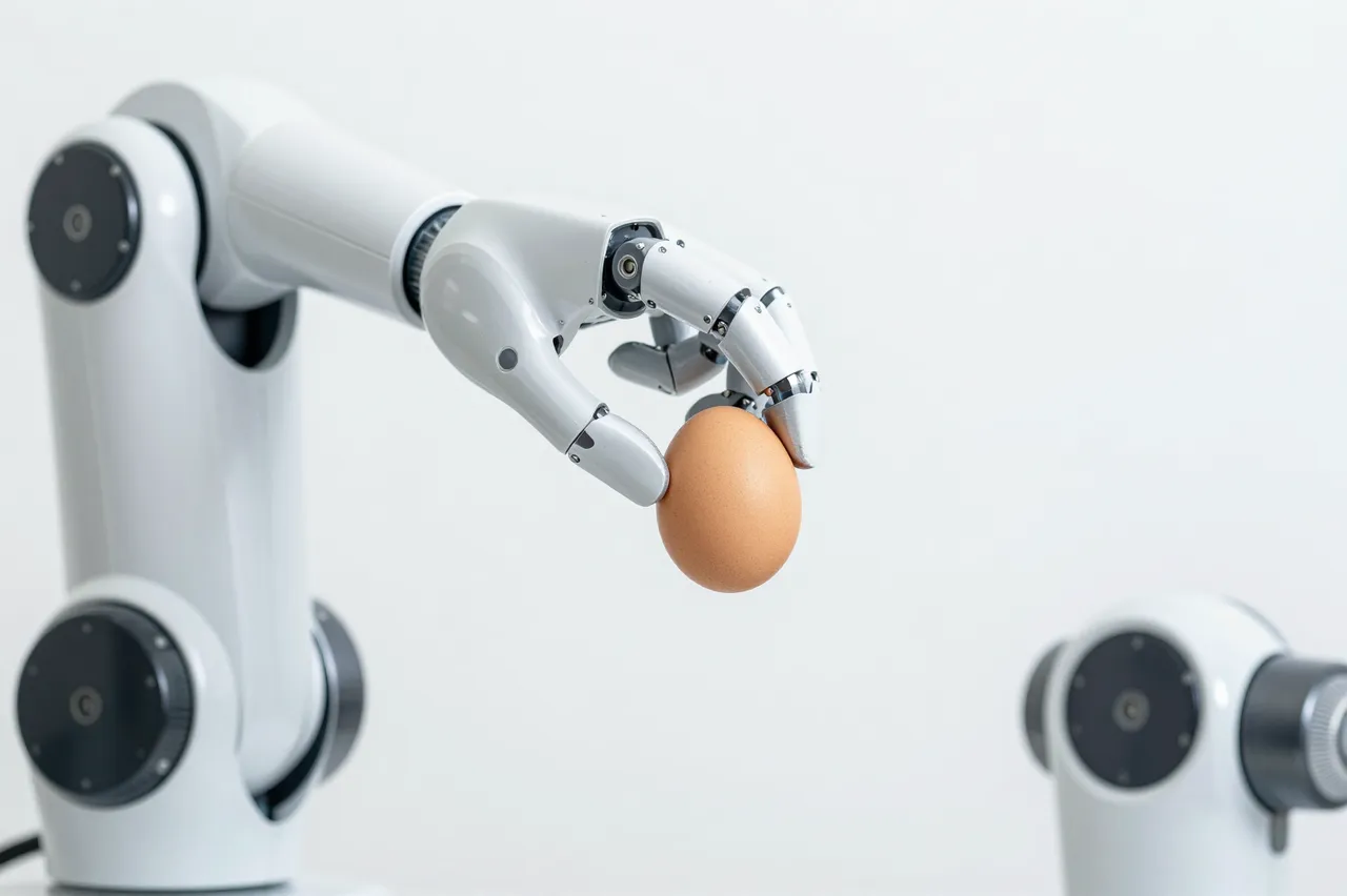 A white robotic arm gently grips a single brown egg against a plain bright white background