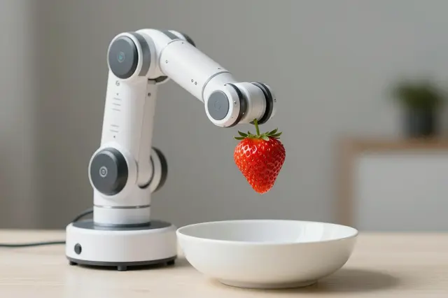 Small white desktop robotic arm holds a ripe red strawberry above a plain white bowl on a light wood table.