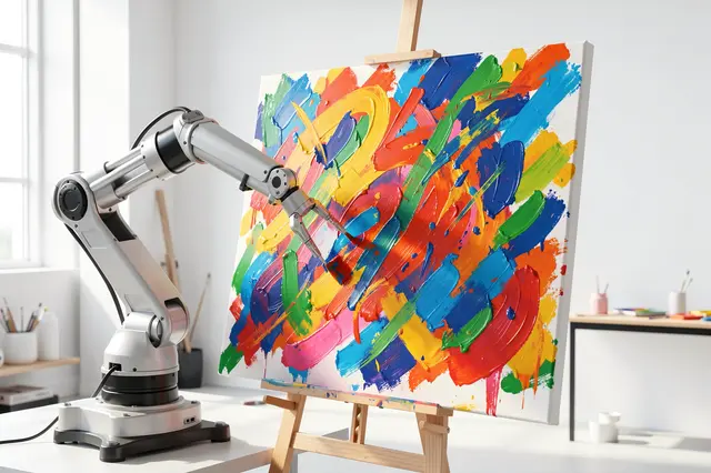 A silver robotic arm holds a paintbrush creating colorful abstract art on a canvas in a bright sunlit studio.