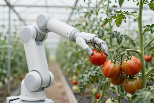 A white robotic arm gently picks a ripe red tomato from a vine inside a bright commercial greenhouse.