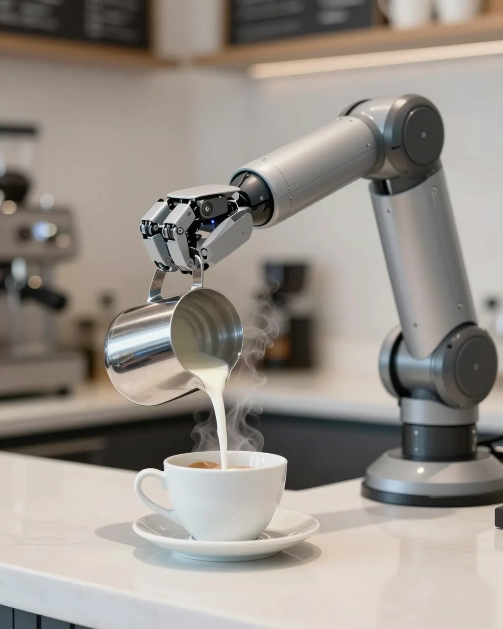 Gray robotic arm pours steamed milk from a metal pitcher into a white ceramic coffee cup on a cafe counter