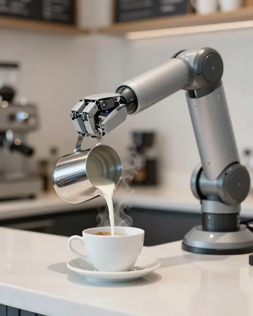 Gray robotic arm pours steamed milk from a metal pitcher into a white ceramic coffee cup on a cafe counter