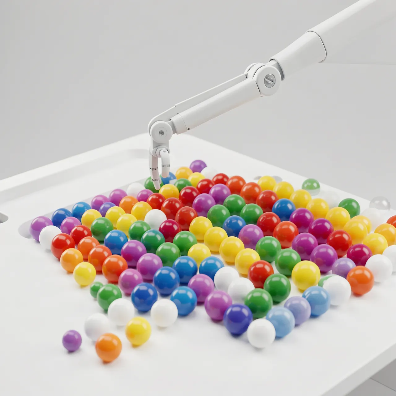 A thin white robotic arm hovers over multicolored spheres on a white sorting table
