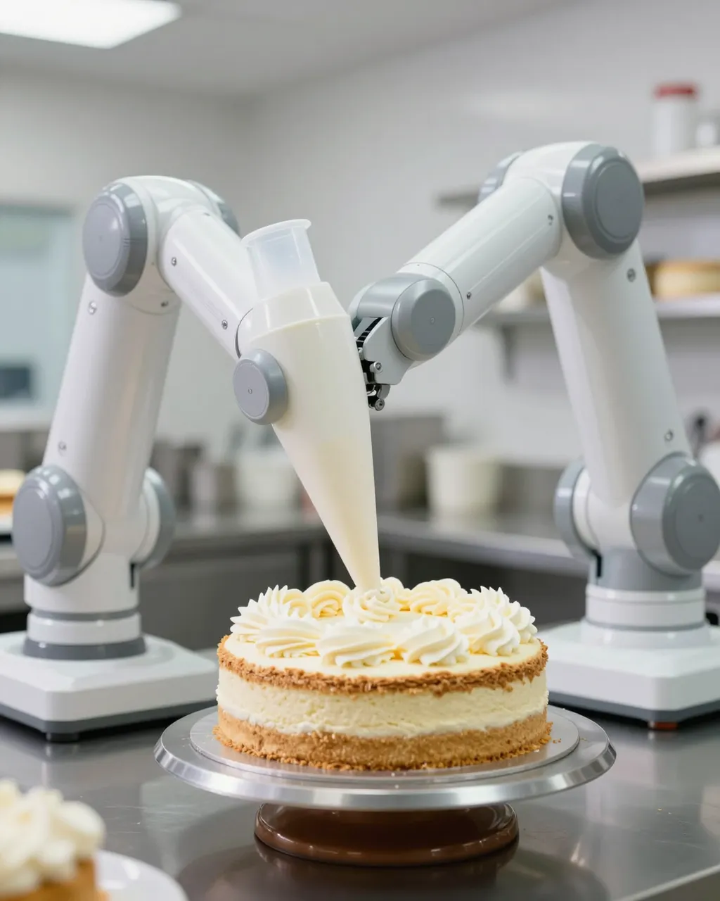 White robotic arms pipe frosting onto a layered round cake in a bright bakery kitchen