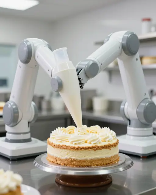White robotic arms pipe frosting onto a layered round cake in a bright bakery kitchen