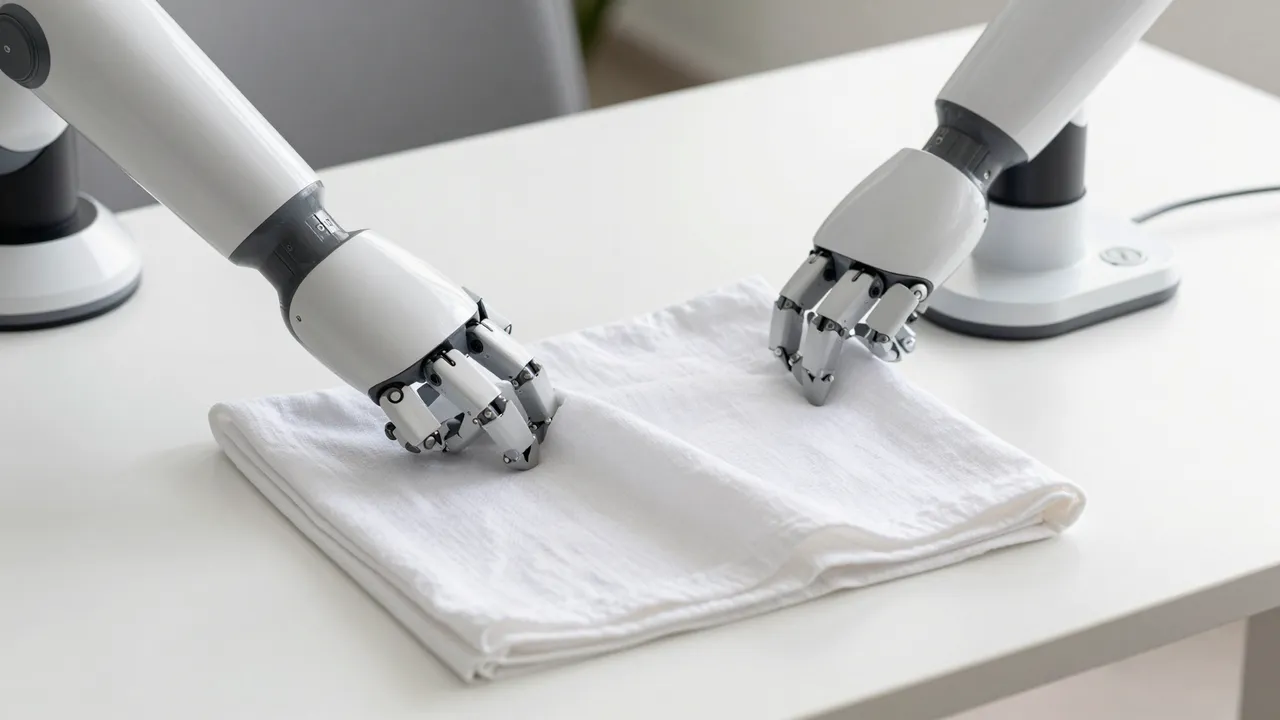 Two white robotic arms carefully fold a plain white linen cloth on a clean light table with soft daylight.