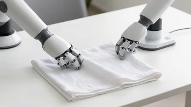 Two white robotic arms carefully fold a plain white linen cloth on a clean light table with soft daylight.