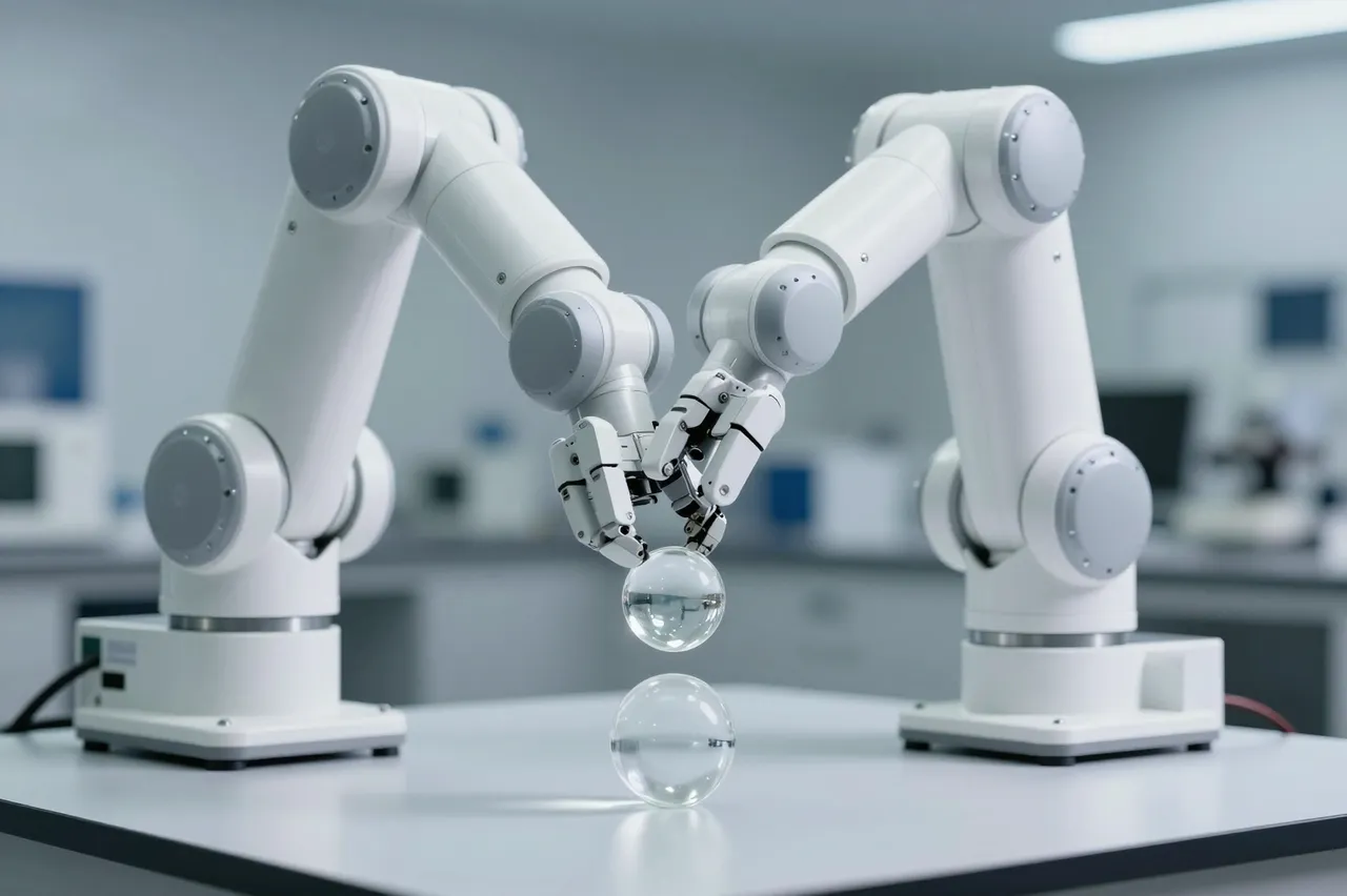 Two white robotic arms hold a glass sphere above another resting on a clean lab bench in a soft focus laboratory.