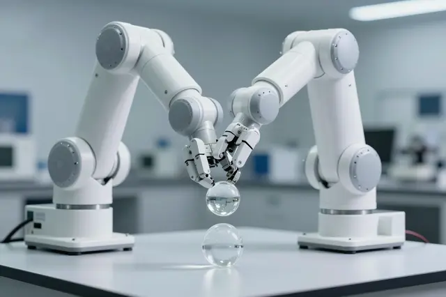 Two white robotic arms hold a glass sphere above another resting on a clean lab bench in a soft focus laboratory.