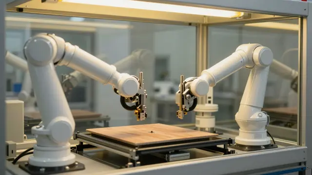 Two white robotic arms operate inside a glass-enclosed cleanroom under warm yellow overhead lighting.