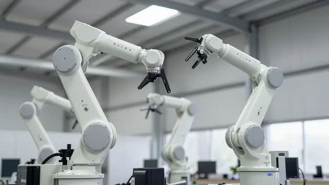 Low angle view of multiple white industrial robotic arms arranged in a bright empty factory interior