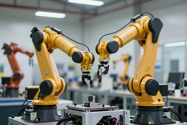 Two yellow industrial robotic arms positioned over work equipment in a bright modern factory interior