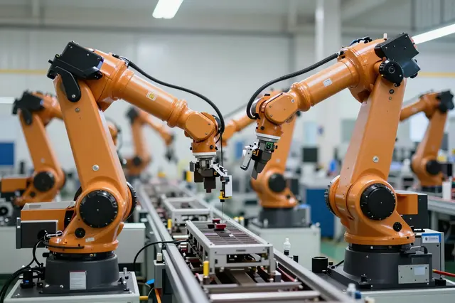 Orange industrial robotic arms positioned over an automated conveyor line in a bright clean factory