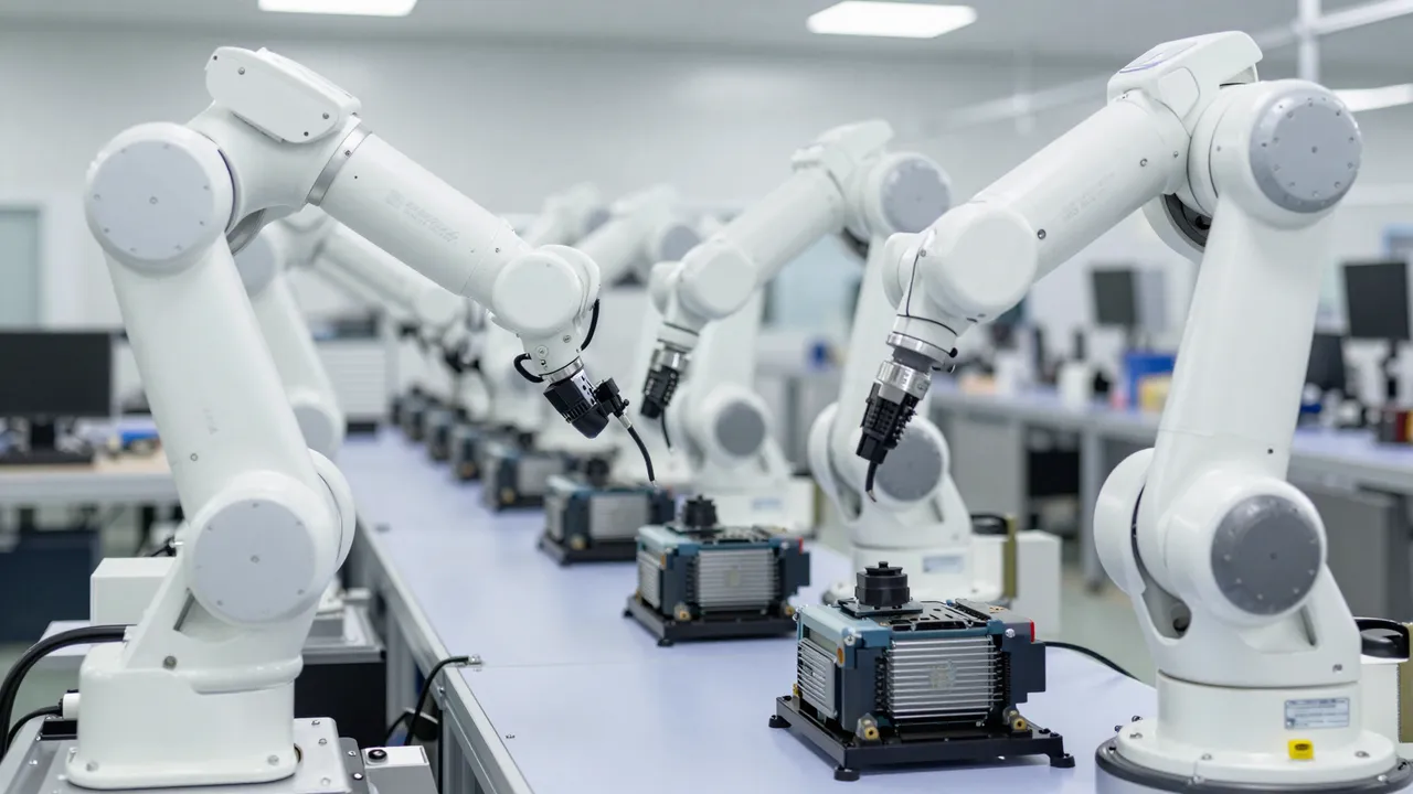 Row of white industrial robotic arms assembling components on a bright spotless factory assembly line