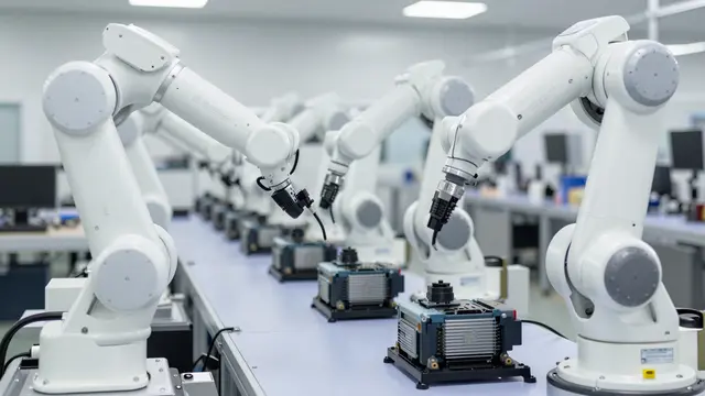 Row of white industrial robotic arms assembling components on a bright spotless factory assembly line
