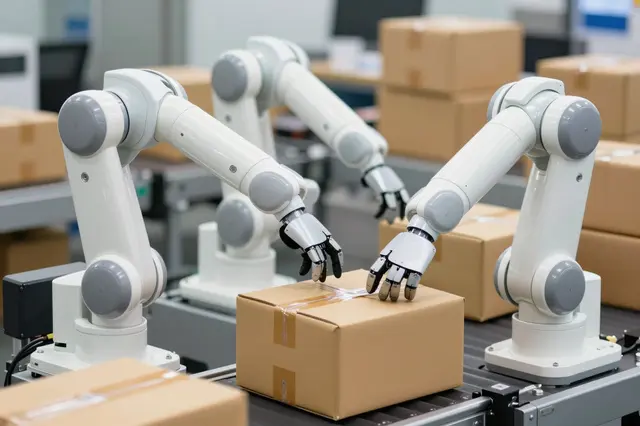 White robotic arms sort plain cardboard parcels moving along a factory conveyor belt