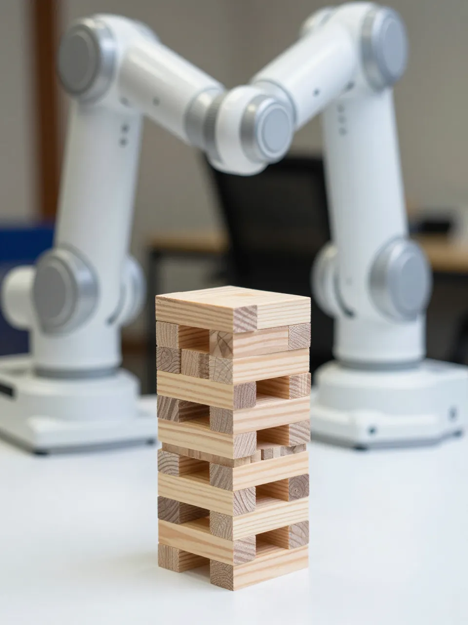 Two white robotic arms stand behind a neat stack of natural wooden blocks on a white table