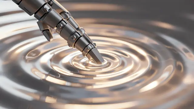 Metallic robotic fingertip makes contact with a smooth glowing surface spreading concentric light ripples