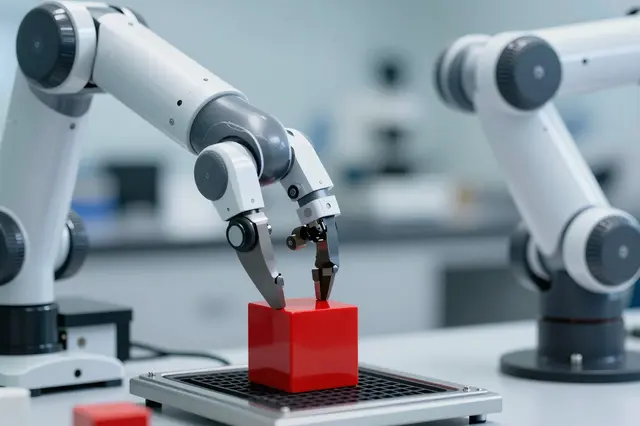 Close-up of a robotic arm gripper positioned to pick up a red cube on a laboratory workbench