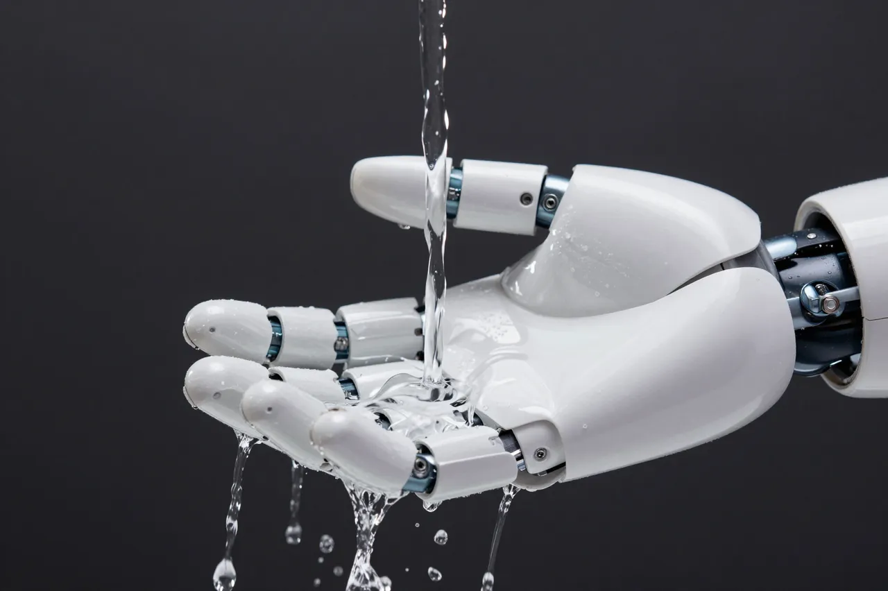 A white open robotic hand rests under a clear flowing water stream against a dark solid background