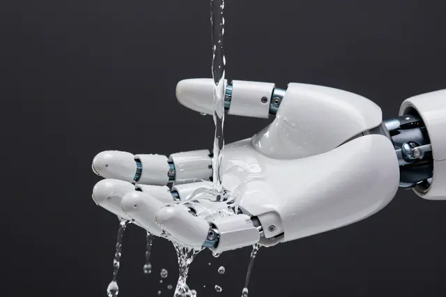 A white open robotic hand rests under a clear flowing water stream against a dark solid background