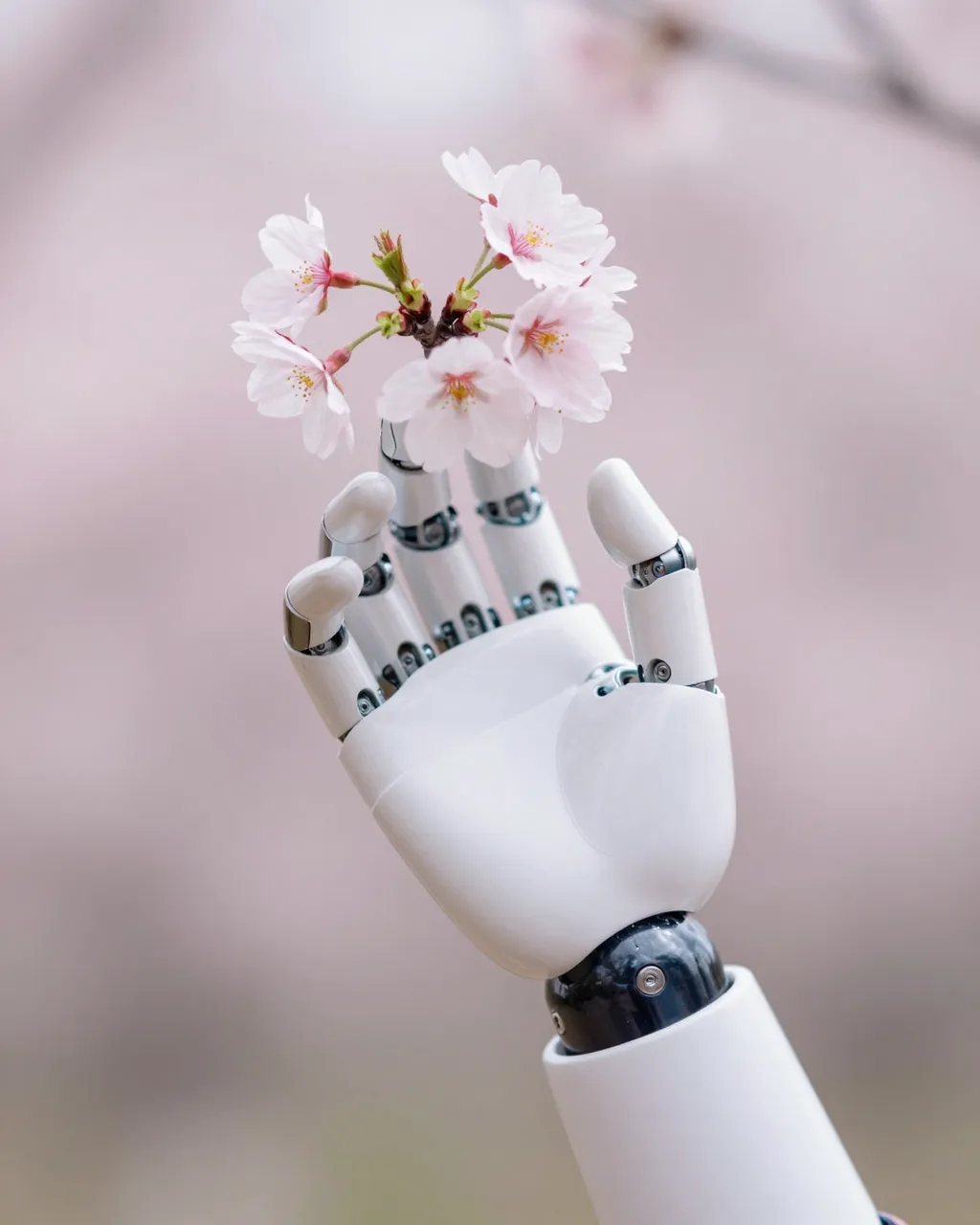 White articulated robotic hand gently holds a small cherry blossom sprig against a soft pale pink blurred background