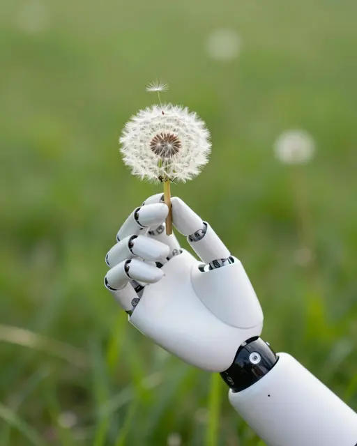 A white robotic prosthetic hand gently holds a dandelion seed head above a blurred green meadow