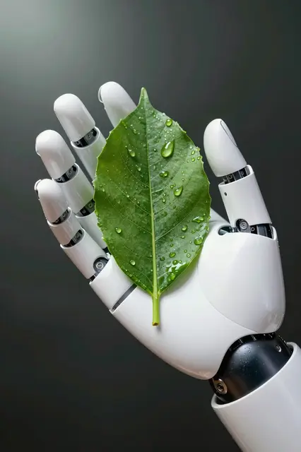 A white robotic prosthetic hand holds a fresh green leaf covered in clear dew drops against a dark soft-lit background