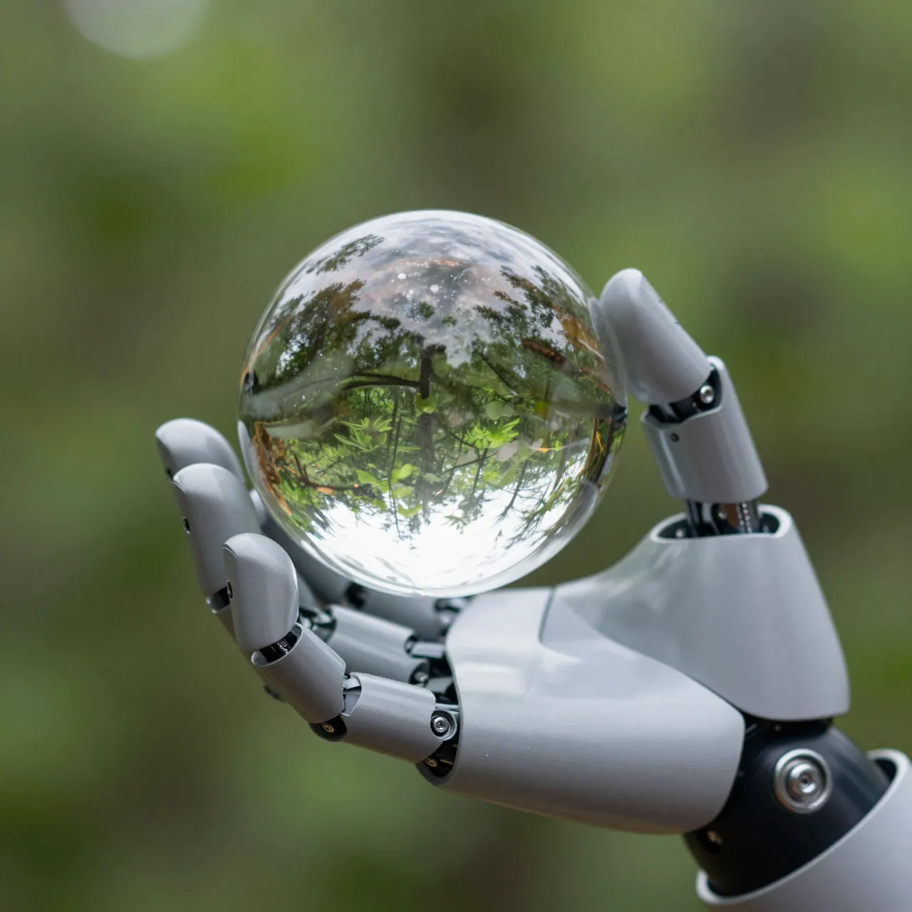 Gray robotic prosthetic hand holds a clear glass sphere that reflects an upside down green forest
