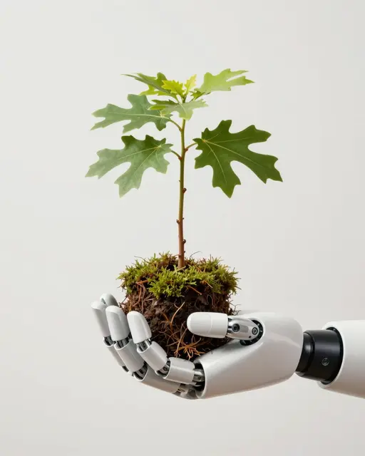 White robotic hand gently holds a tiny oak sapling with mossy root ball against a pale plain background