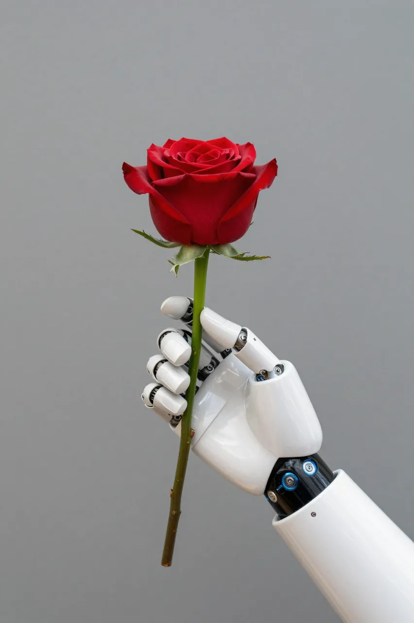 A white robotic hand gently grips the stem of a single fresh red rose against a plain soft gray background