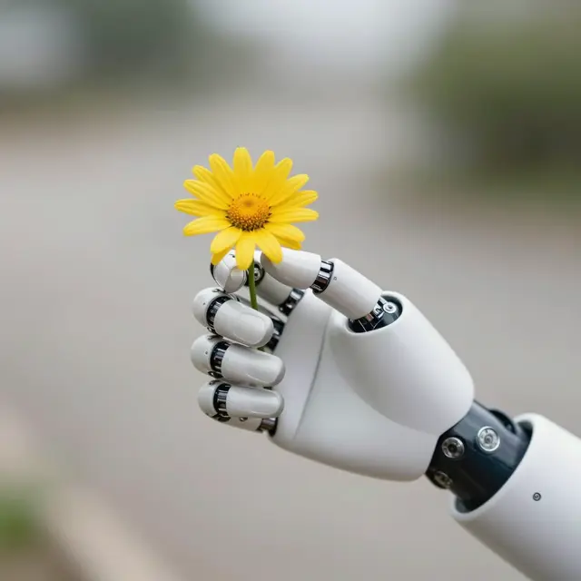 A white jointed robotic hand gently holds a yellow daisy against a softly blurred outdoor background