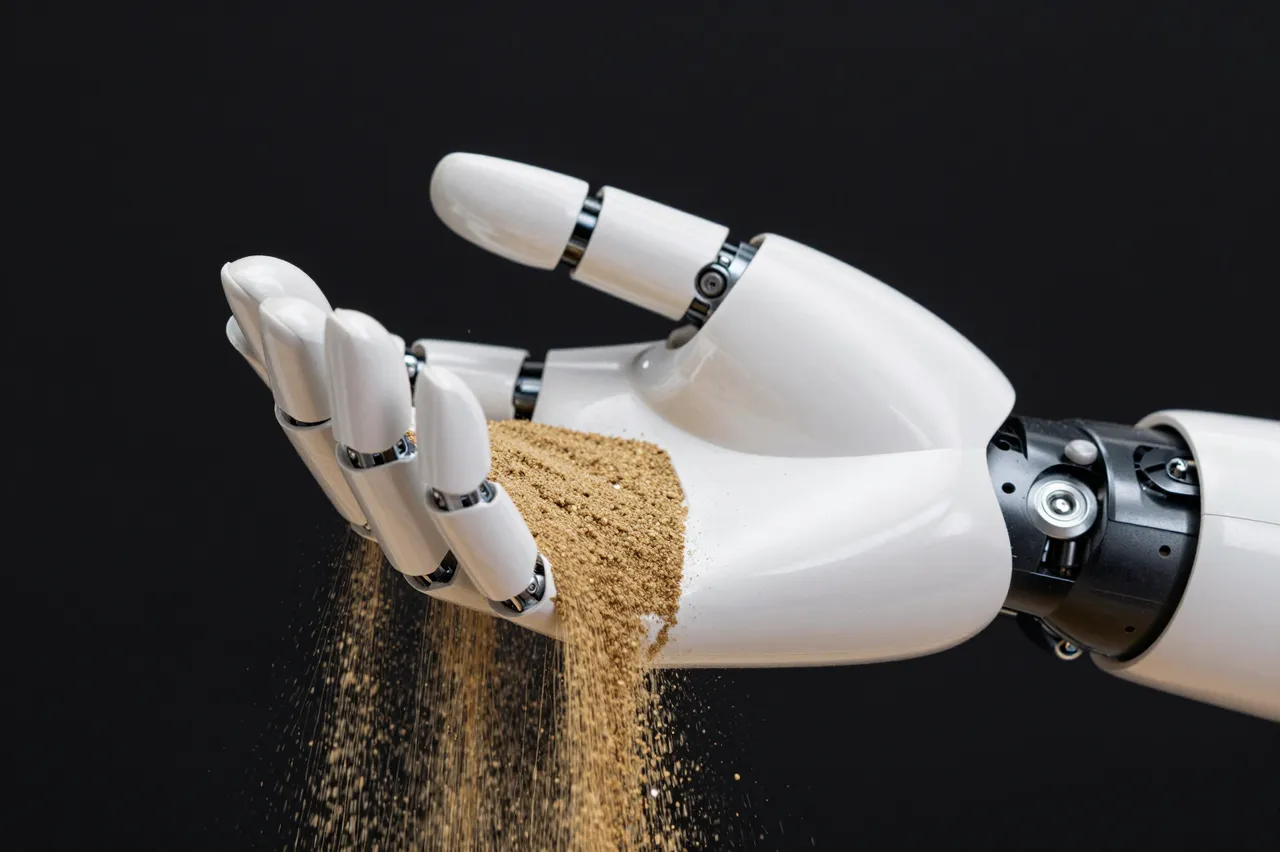 A white robotic prosthetic hand releases golden sand that falls between its fingers against a solid black background