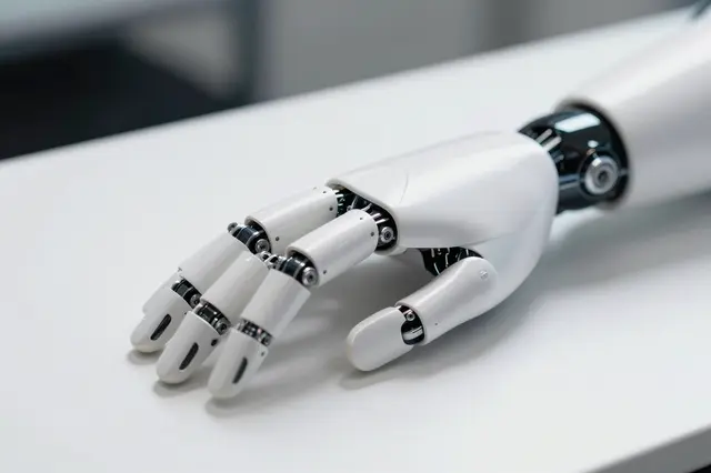 A white articulated robotic hand with visible mechanical joints rests on a smooth white table under soft lighting.