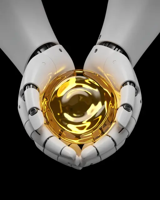 Pair of white mechanical robot hands cradling a swirling glowing golden sphere against a solid black background