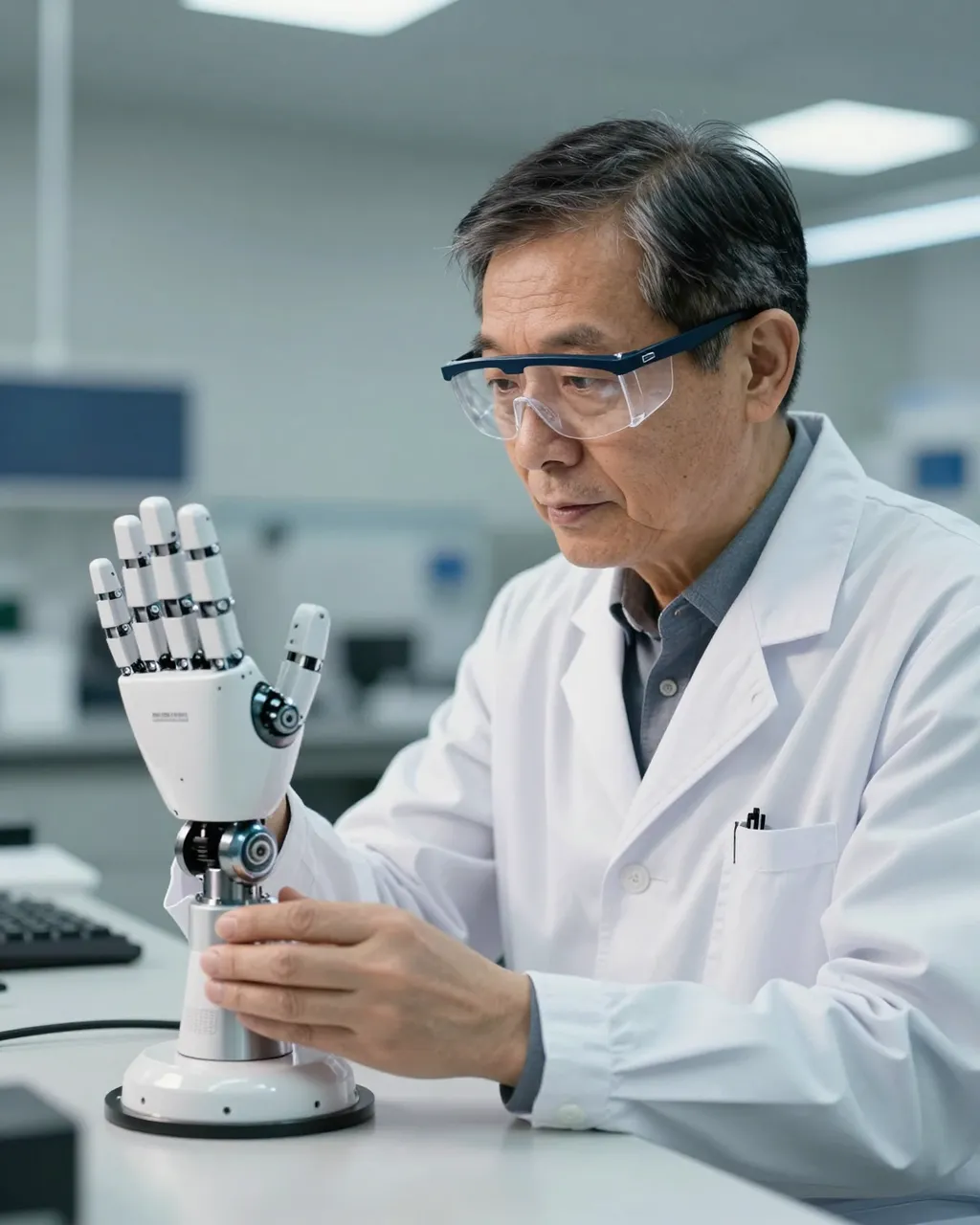 A senior East Asian roboticist in safety glasses studies a white robotic prosthetic hand at a lab workbench.
