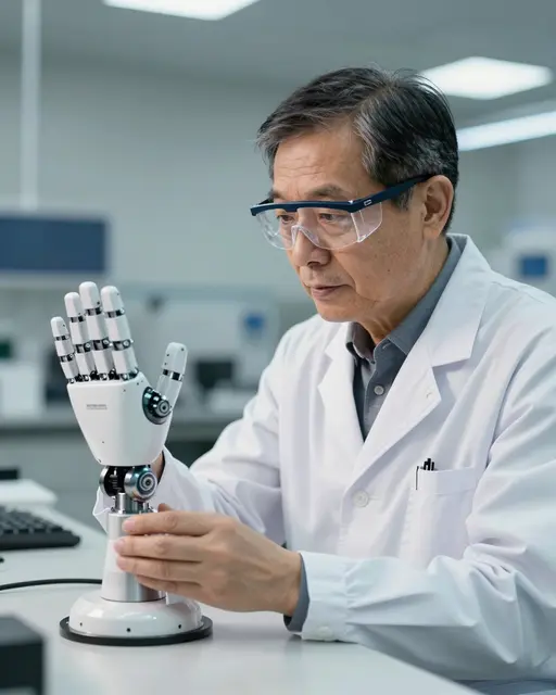 A senior East Asian roboticist in safety glasses studies a white robotic prosthetic hand at a lab workbench.