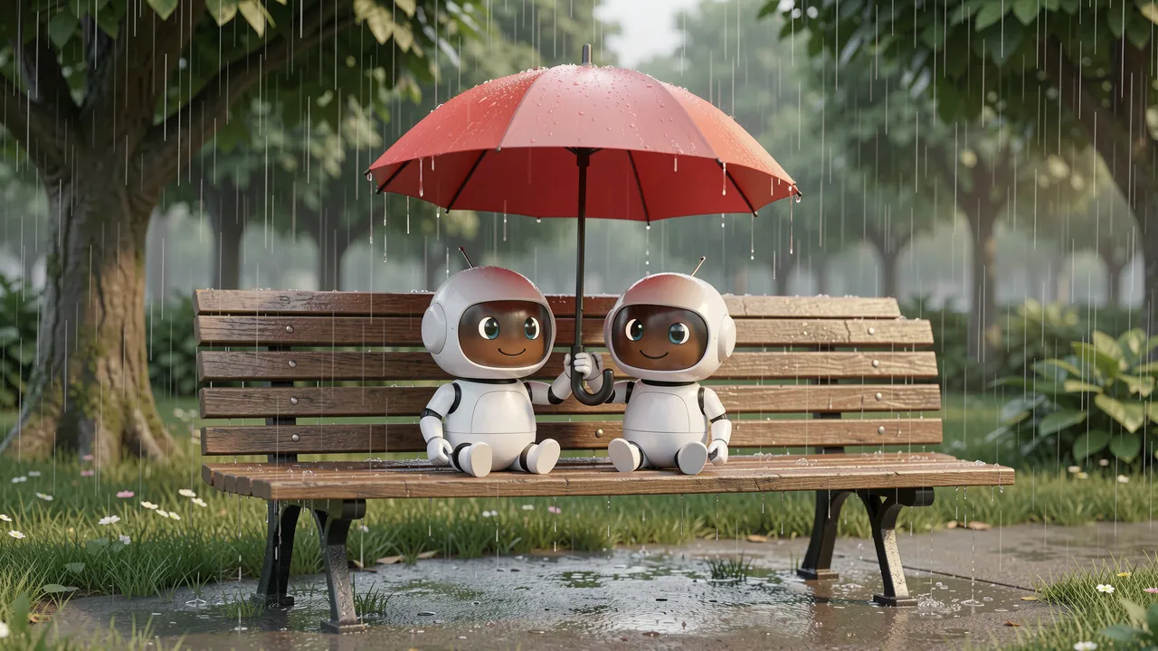 Two small friendly robots sit together on a park bench under a red umbrella during rain.